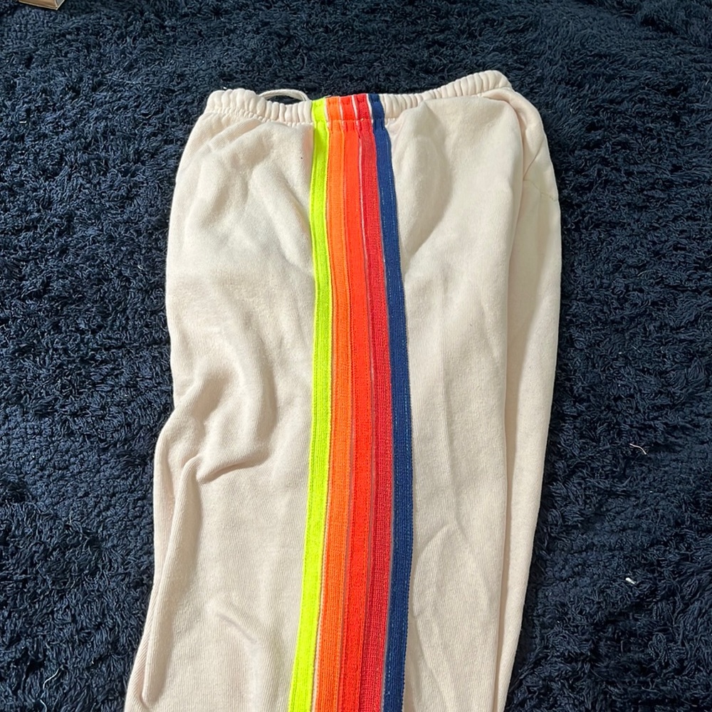 Beige 5 stripe aviator nation sweatpants